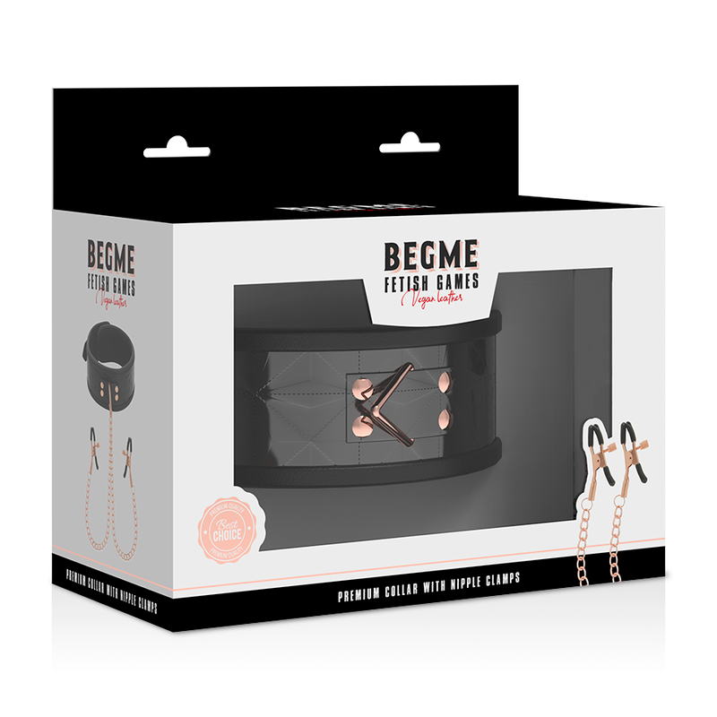 BEGME - BLACK EDITION COLLAR WITH NIPPLE CLAMPS WITH NEOPRENE LINING - NOCTURNA DESIRES