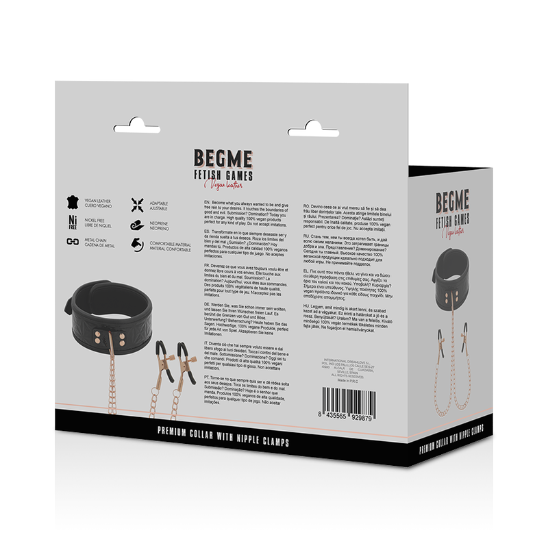 BEGME - BLACK EDITION COLLAR WITH NIPPLE CLAMPS WITH NEOPRENE LINING - NOCTURNA DESIRES