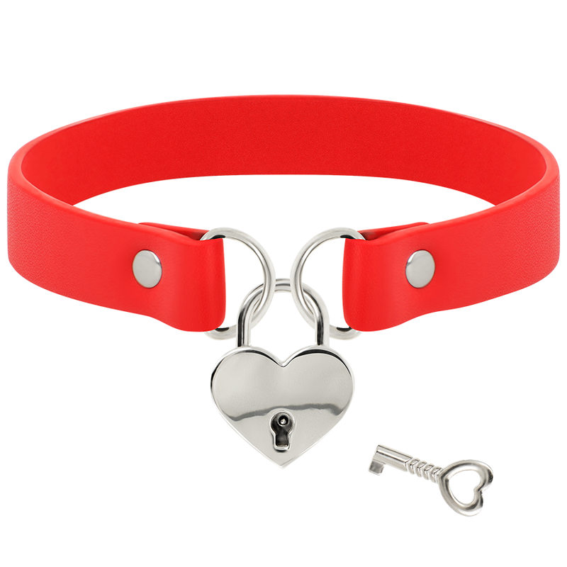 COQUETTE CHIC DESIRE - RED VEGAN LEATHER NECKLACE WITH HEART ACCESSORY WITH KEY - NOCTURNA DESIRES