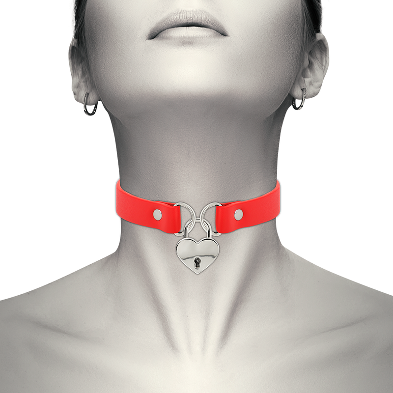 COQUETTE CHIC DESIRE - RED VEGAN LEATHER NECKLACE WITH HEART ACCESSORY WITH KEY - NOCTURNA DESIRES