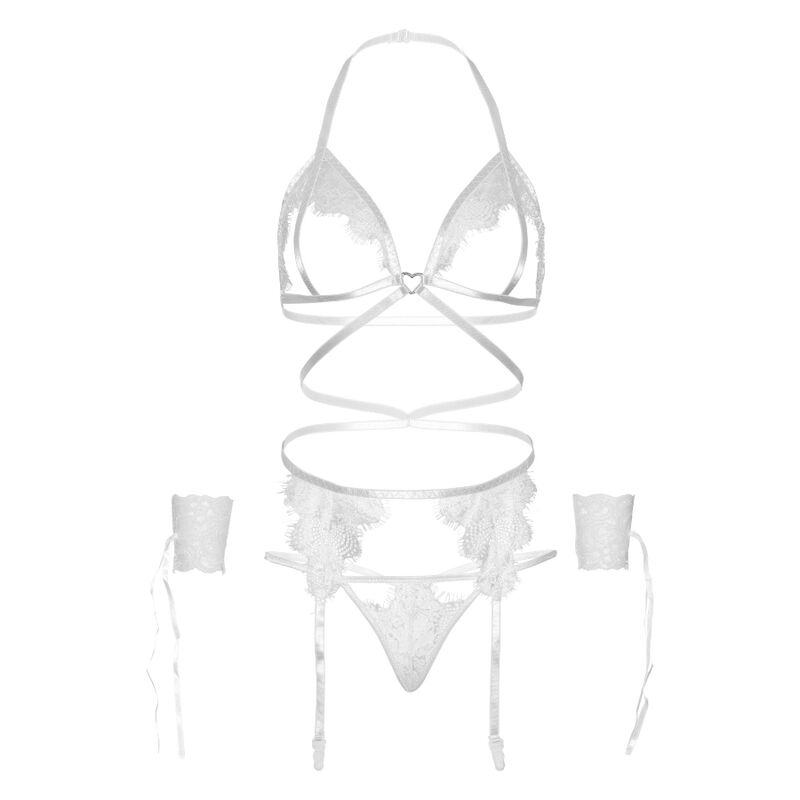 LEG AVENUE - FOUR PIECES SET BRA, G-STRING, GARTER BELT & WRIST CUFFS ONE SIZE - WHITE - NOCTURNA DESIRES
