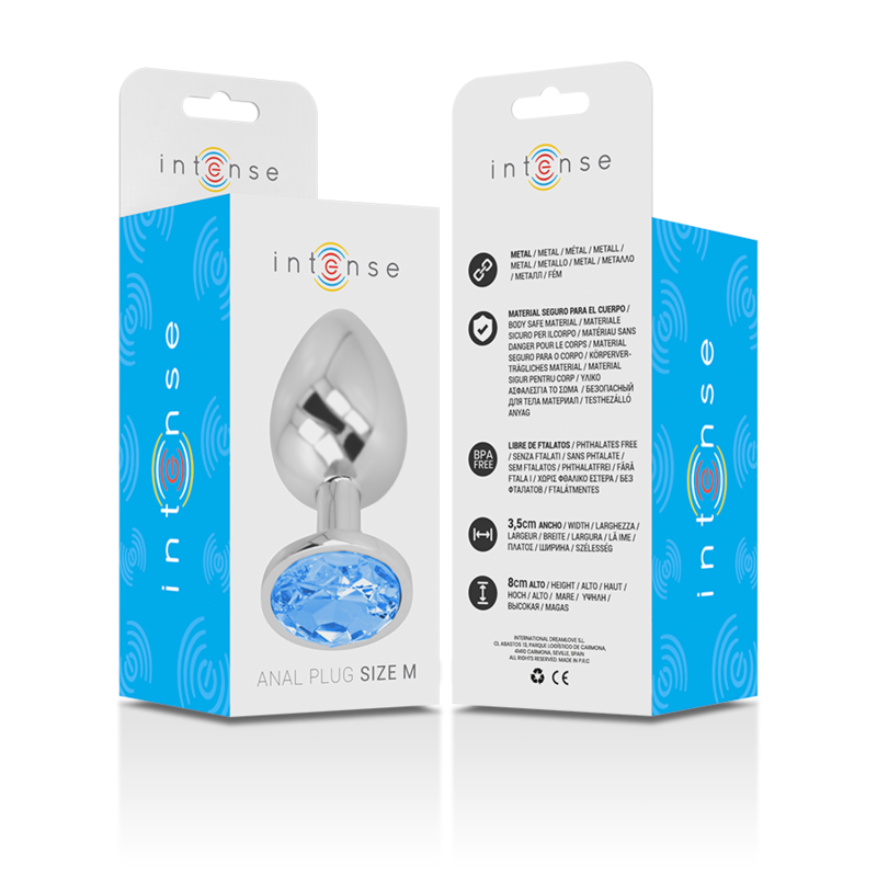 INTENSE - ALUMINUM METAL ANAL PLUG WITH BLUE GLASS SIZE M - NOCTURNA DESIRES
