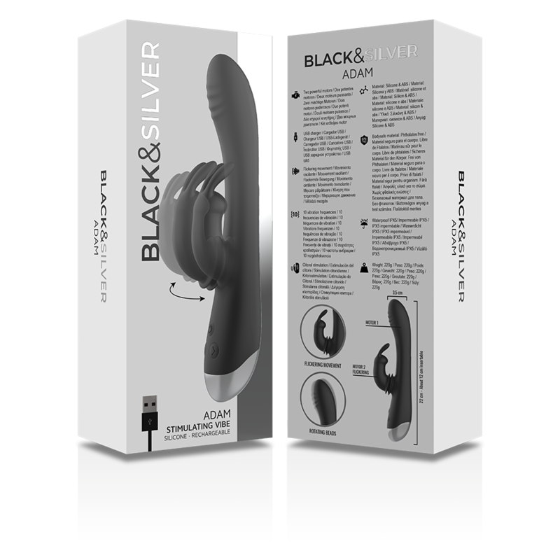 BLACK&SILVER - DJ. ADAM RECHARGEABLE SILICONE RABBIT STIMULATOR BLACK - NOCTURNA DESIRES
