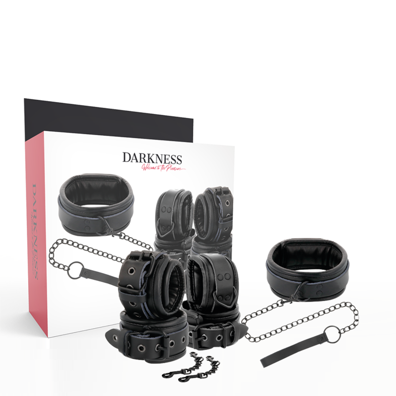 DARKNESS - BLACK LEATHER HANDCUFFS AND COLLAR - NOCTURNA DESIRES