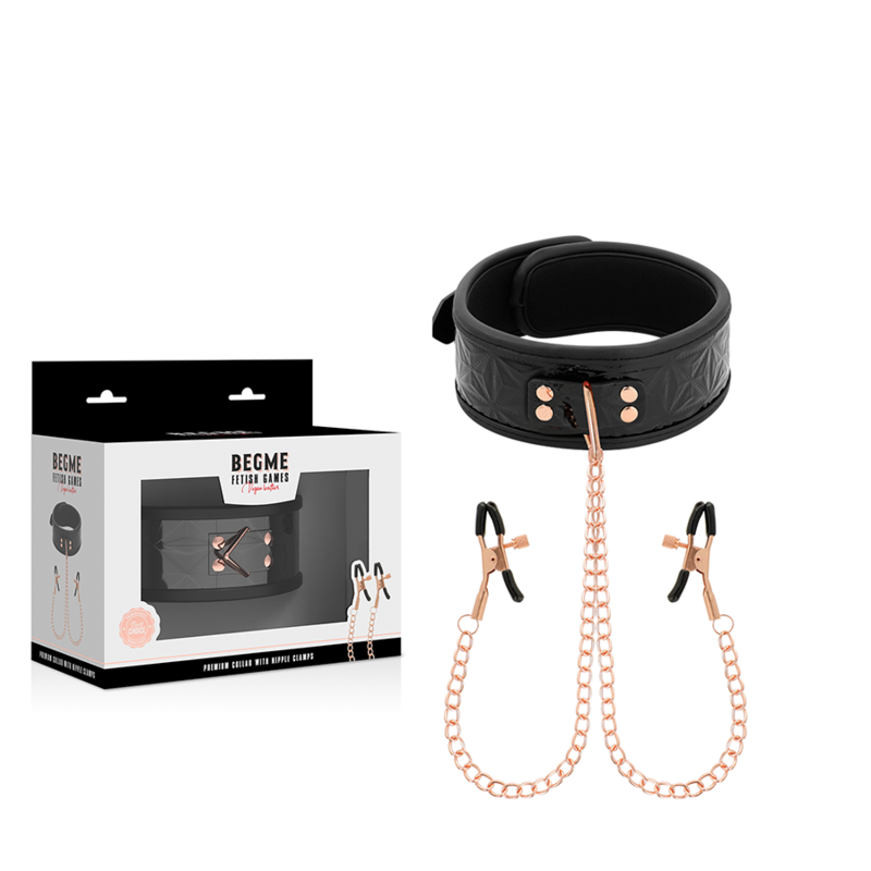 BEGME - BLACK EDITION COLLAR WITH NIPPLE CLAMPS WITH NEOPRENE LINING - NOCTURNA DESIRES