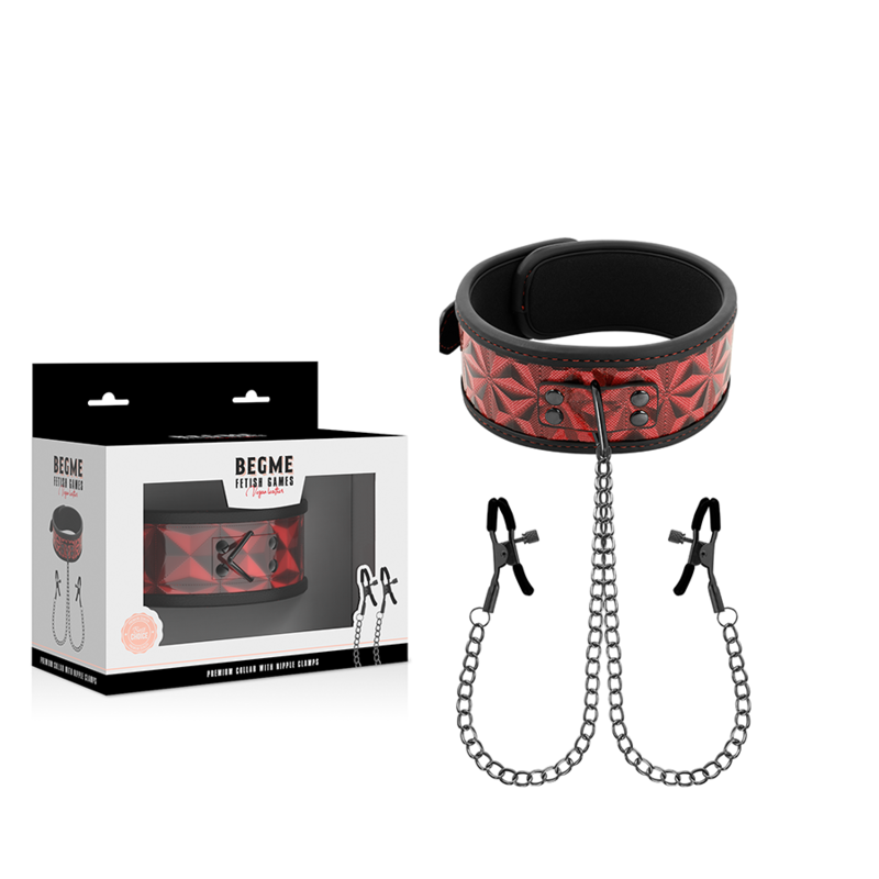 BEGME - RED EDITION COLLAR WITH NIPPLE CLAMPS WITH NEOPRENE LINING - NOCTURNA DESIRES