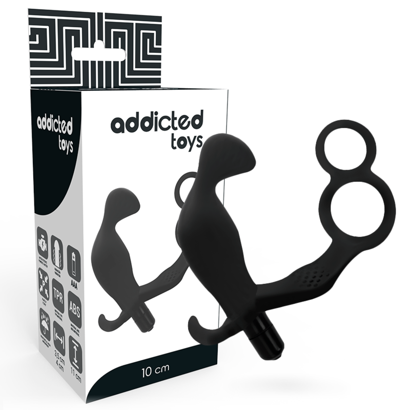 ADDICTED TOYS - ANAL PLUG WITH DOUBLE PENIS RING AND TESTICLES BLACK - NOCTURNA DESIRES