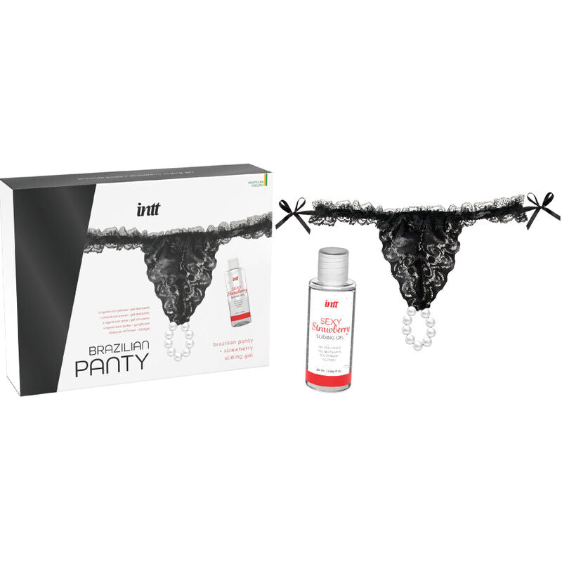 INTT RELEASES - BRAZILIAN BLACK PANTY WITH PEARLS AND LUBRICANT GEL 50 ML - NOCTURNA DESIRES