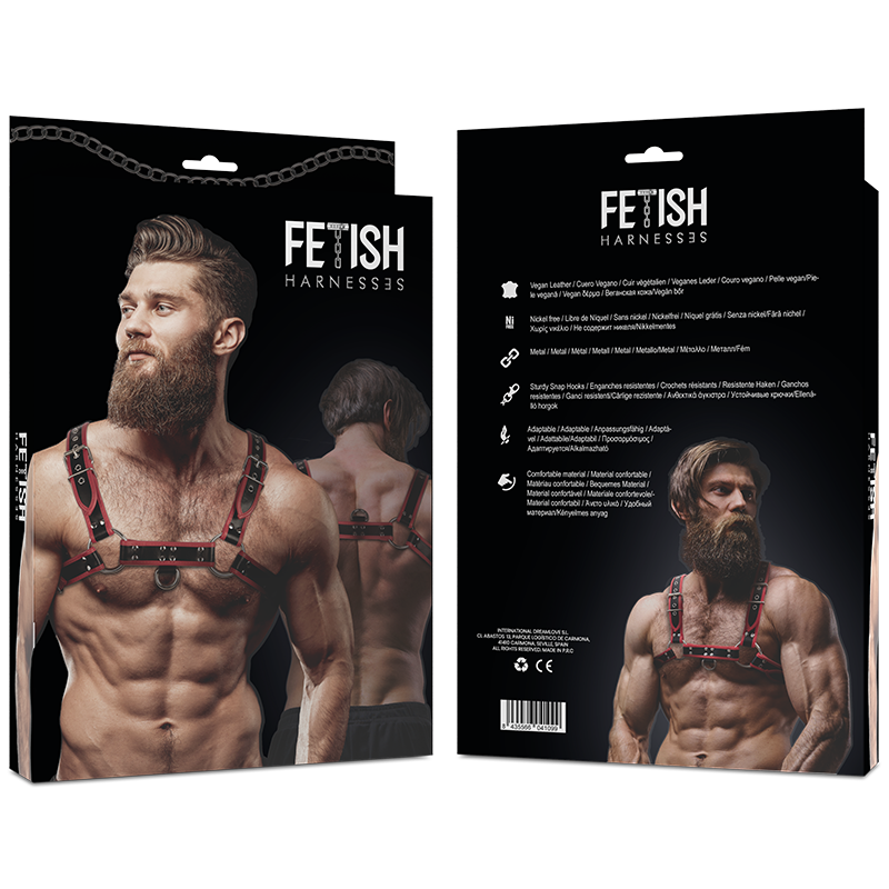 FETISH SUBMISSIVE ATTITUDE - MENS ECO-LEATHER CHEST HARNESS BLACK/RED - NOCTURNA DESIRES