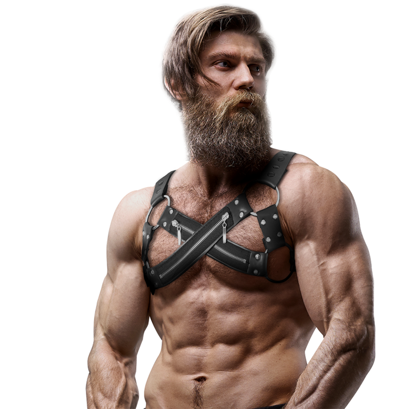FETISH SUBMISSIVE ATTITUDE - ADJUSTABLE NEOPRENE CROSS-OVER CHEST BULLDOG HARNESS WITH ZIPPERS FOR MEN - NOCTURNA DESIRES