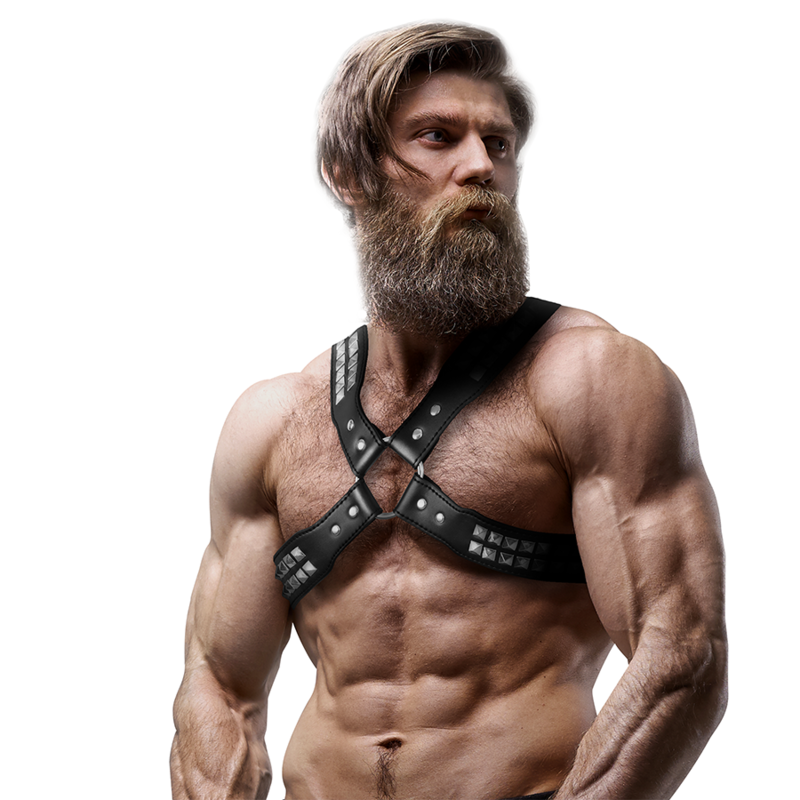 FETISH SUBMISSIVE ATTITUDE - MENS CROSSED CHEST ECO-LEATHER HARNESS WITH RIVETS - NOCTURNA DESIRES