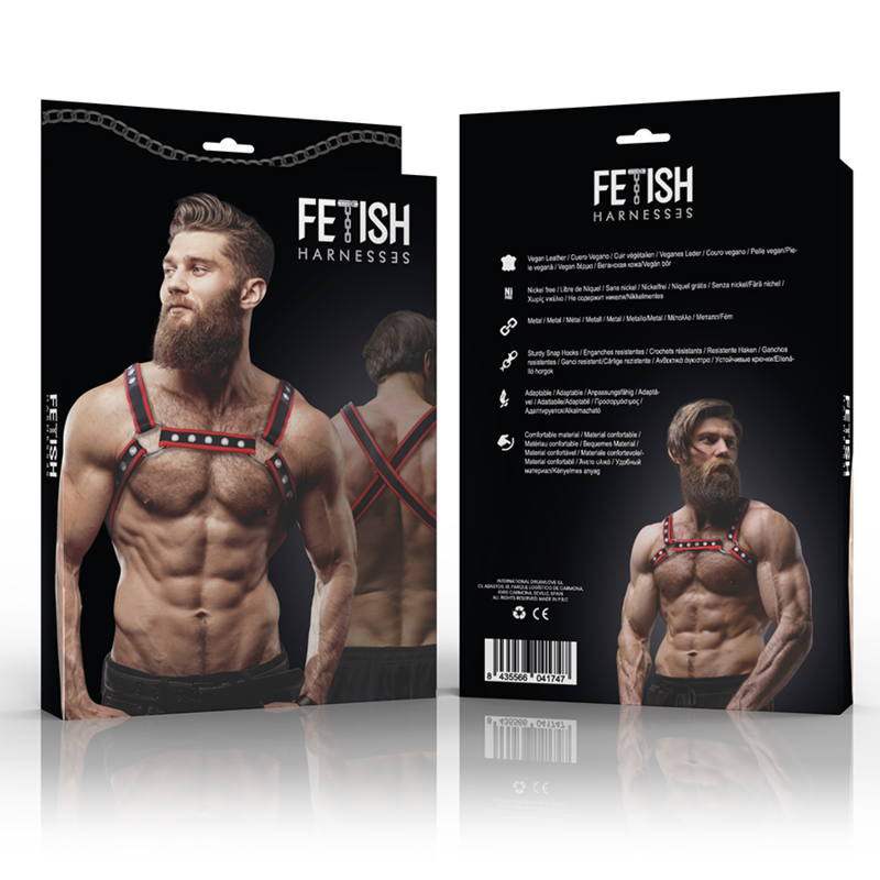 FETISH SUBMISSIVE ATTITUDE - MENS ECO-LEATHER CHEST BULLDOG HARNESS BLACK/RED - NOCTURNA DESIRES
