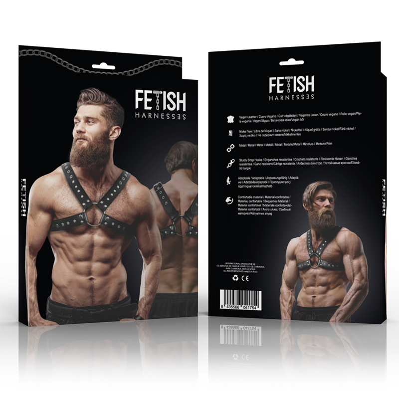 FETISH SUBMISSIVE ATTITUDE - MENS CROSS-OVER ECO-LEATHER CHEST HARNESS WITH STUDS - NOCTURNA DESIRES