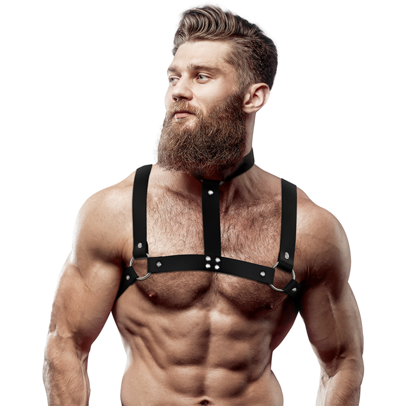 FETISH SUBMISSIVE ATTITUDE - ADJUSTABLE ECO-LEATHER CHEST HARNESS WITH NECKLACE FOR MEN - NOCTURNA DESIRES
