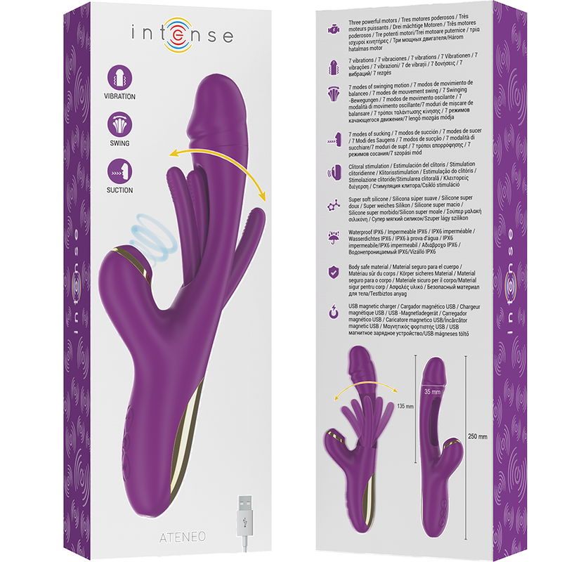 INTENSE - ATENEO RECHARGEABLE MULTIFUNCTION VIBRATOR 7 VIBRATIONS WITH OSCILLATING TONGUE AND PURPLE SUCTION - NOCTURNA DESIRES