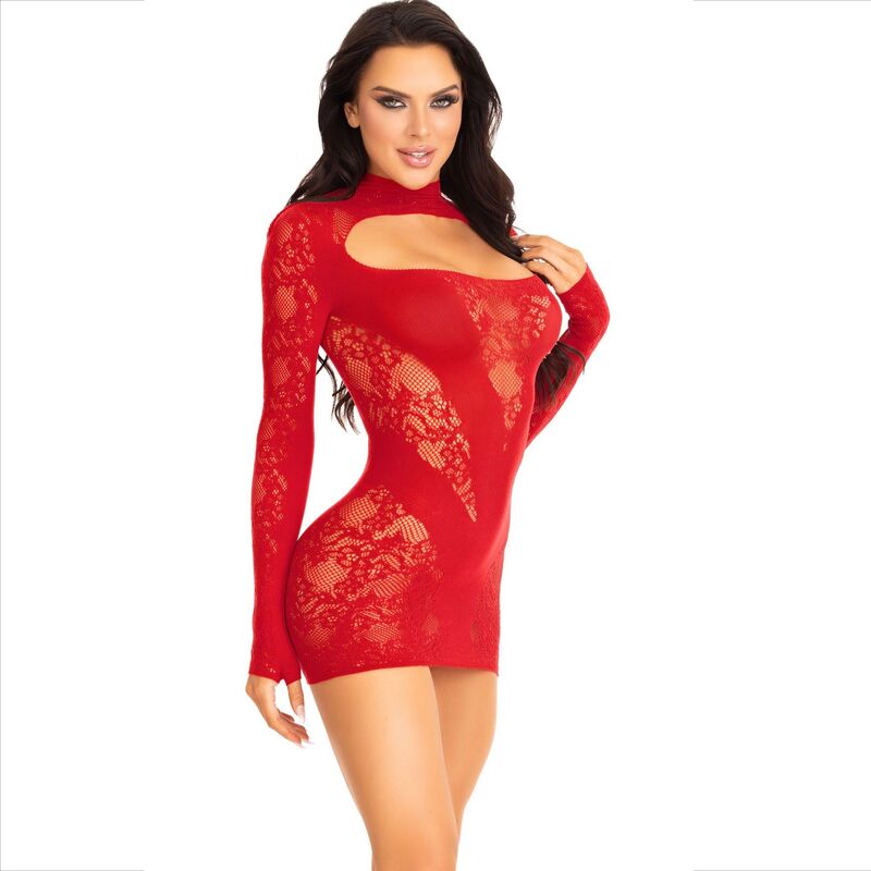 LEG AVENUE - MINI DRESS WITH LACE LONG SLEEVE RED - NOCTURNA DESIRES
