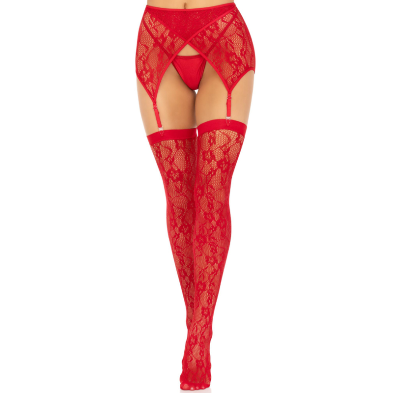 LEG AVENUE - LACE THIGH HIGHS & GARTERBELT RED - NOCTURNA DESIRES