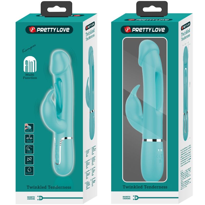 PRETTY LOVE - KAMPAS RABBIT 3 IN 1 MULTIFUNCTION VIBRATOR WITH TONGUE AQUA GREEN - NOCTURNA DESIRES