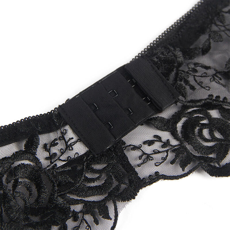 SUBBLIME - SET OF 3 PIECES BRA + THONG + GARTER FLORAL PRINT BLACK L/XL - NOCTURNA DESIRES