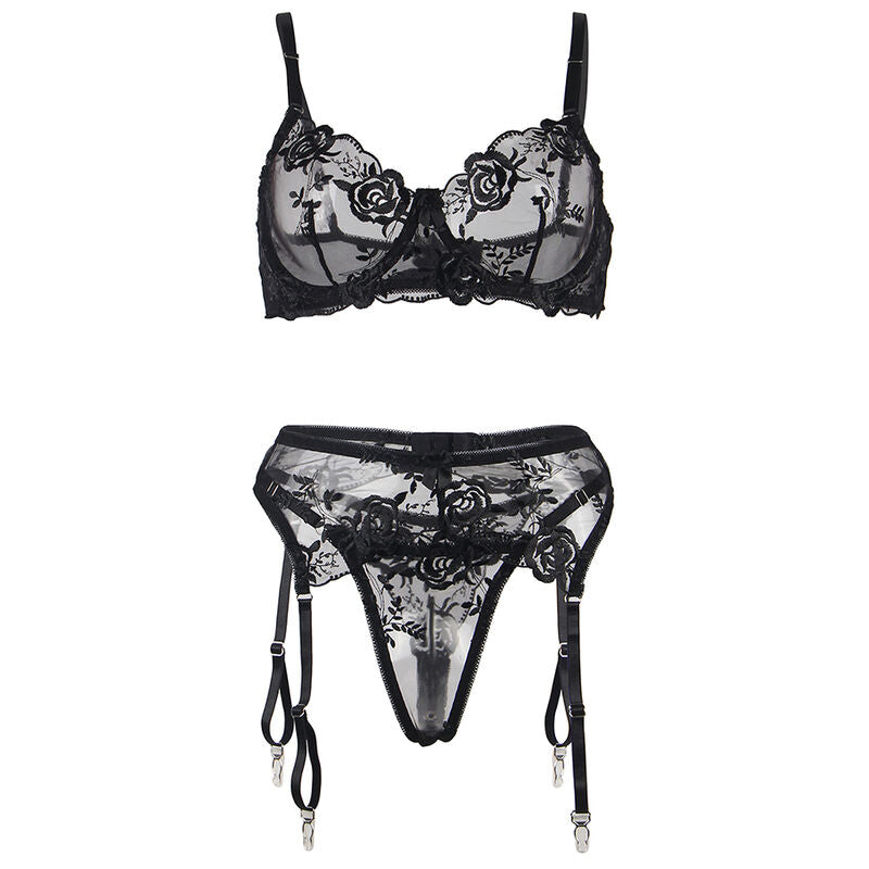 SUBBLIME - SET OF 3 PIECES BRA + THONG + GARTER FLORAL PRINT BLACK L/XL - NOCTURNA DESIRES