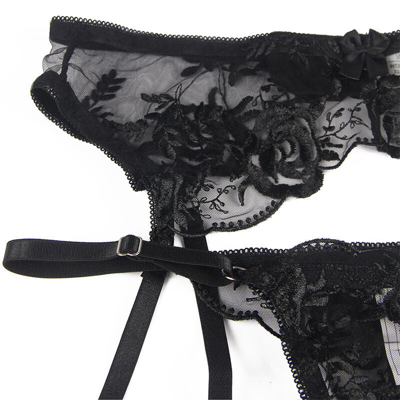 SUBBLIME - SET OF 3 PIECES BRA + THONG + GARTER FLORAL PRINT BLACK L/XL - NOCTURNA DESIRES