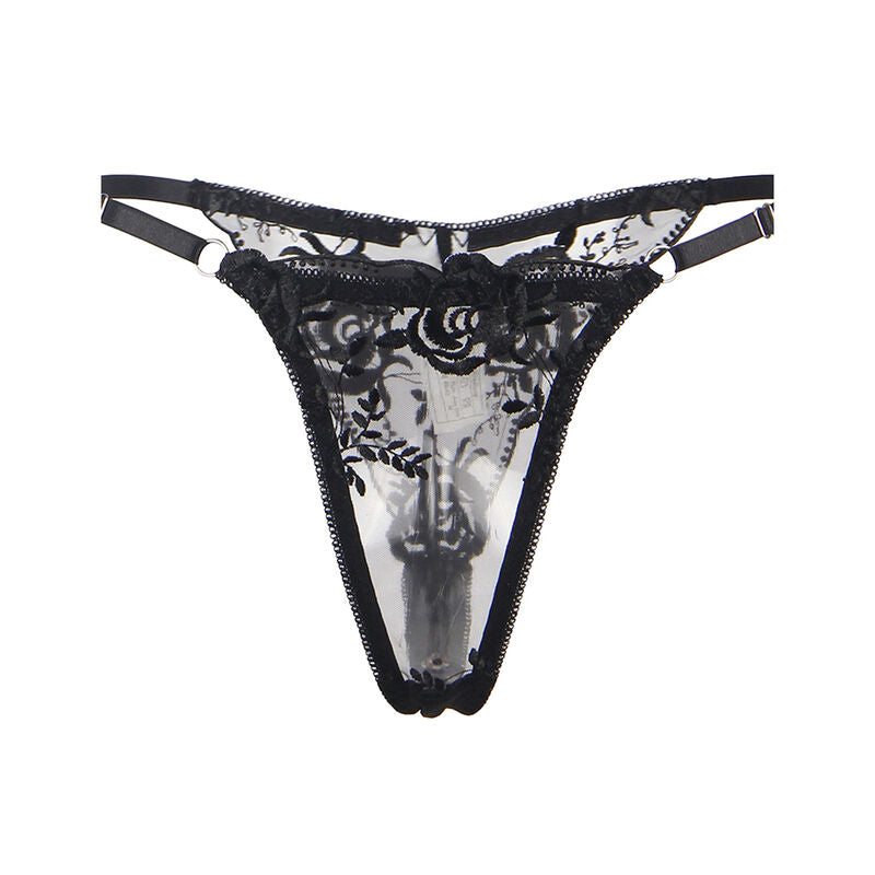 SUBBLIME - SET OF 3 PIECES BRA + THONG + GARTER FLORAL PRINT BLACK L/XL - NOCTURNA DESIRES