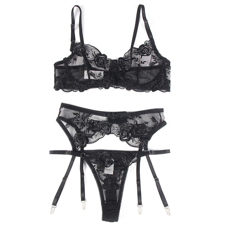 SUBBLIME - SET OF 3 PIECES BRA + THONG + GARTER FLORAL PRINT BLACK L/XL - NOCTURNA DESIRES