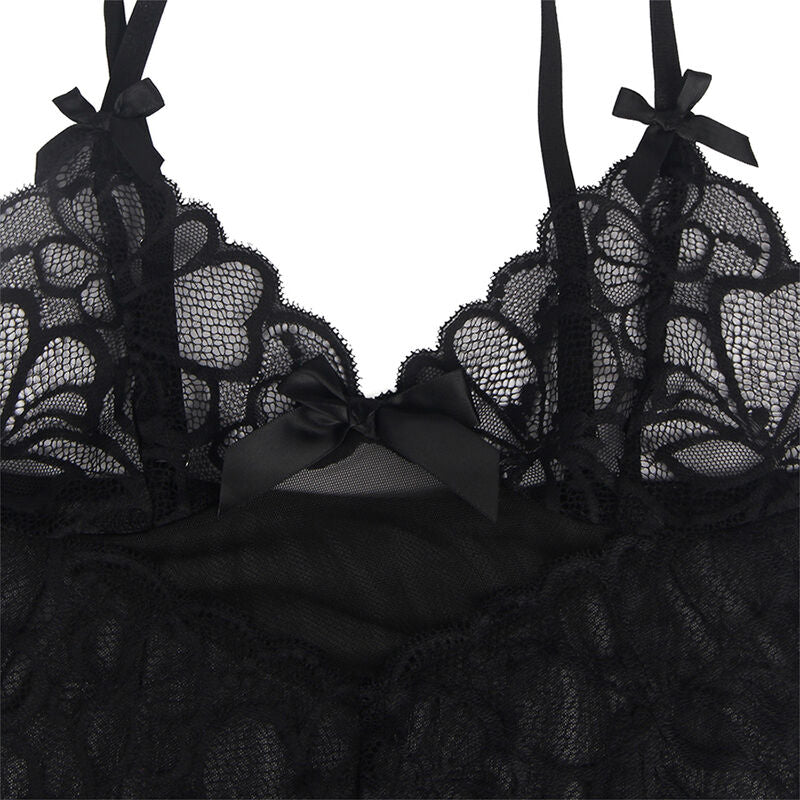 SUBBLIME - BABYDOLL WITH ADJUSTABLE STRAPS AND TRANSPARENT LACE FLORAL PRINT BLACK S/M - NOCTURNA DESIRES
