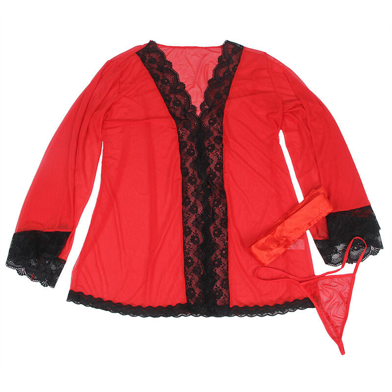 SUBBLIME - TRANSPARENT FABRIC ROBE WITH LACE DETAIL RED S/M - NOCTURNA DESIRES