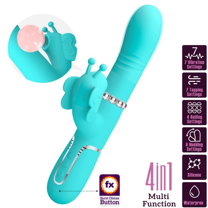 PRETTY LOVE - MULTIFUNCTION RABBIT VIBRATOR 4 IN 1 BUTTERFLY AQUA GREEN - NOCTURNA DESIRES