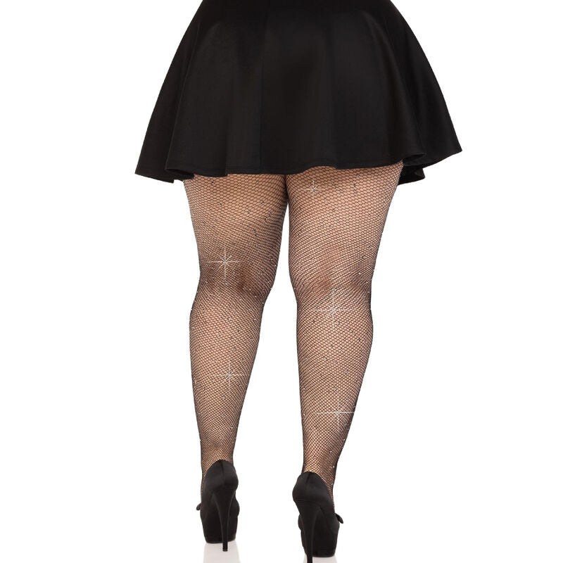 LEG AVENUE - CRYSTALIZED MESH STOCKINGS BLACK PLUS SIZE - NOCTURNA DESIRES