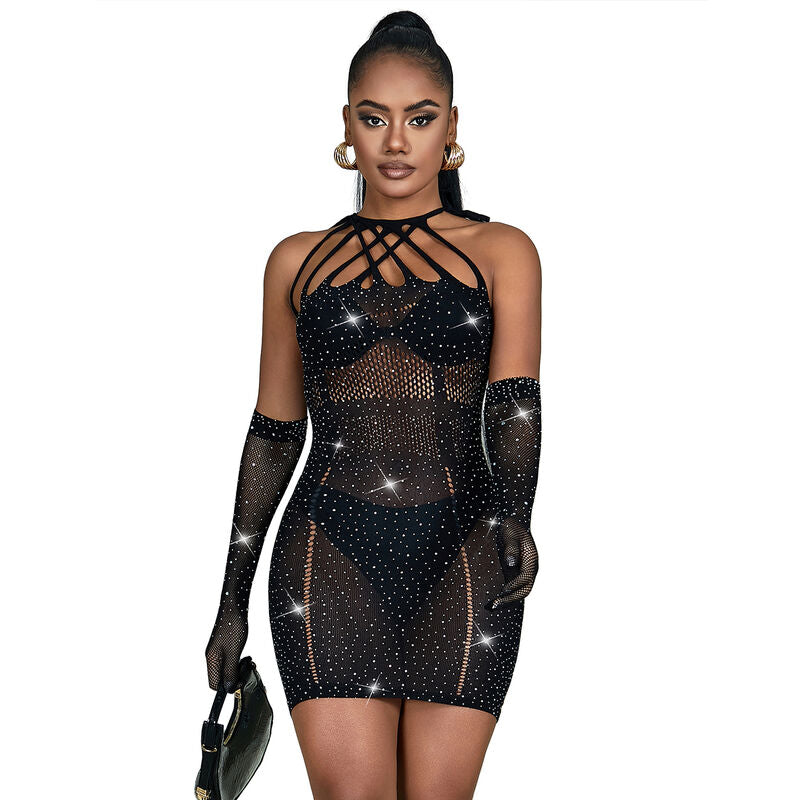 SUBBLIME - 952235 FISHNET DRESS WITH RHINESTONES BLACK ONE SIZE - NOCTURNA DESIRES