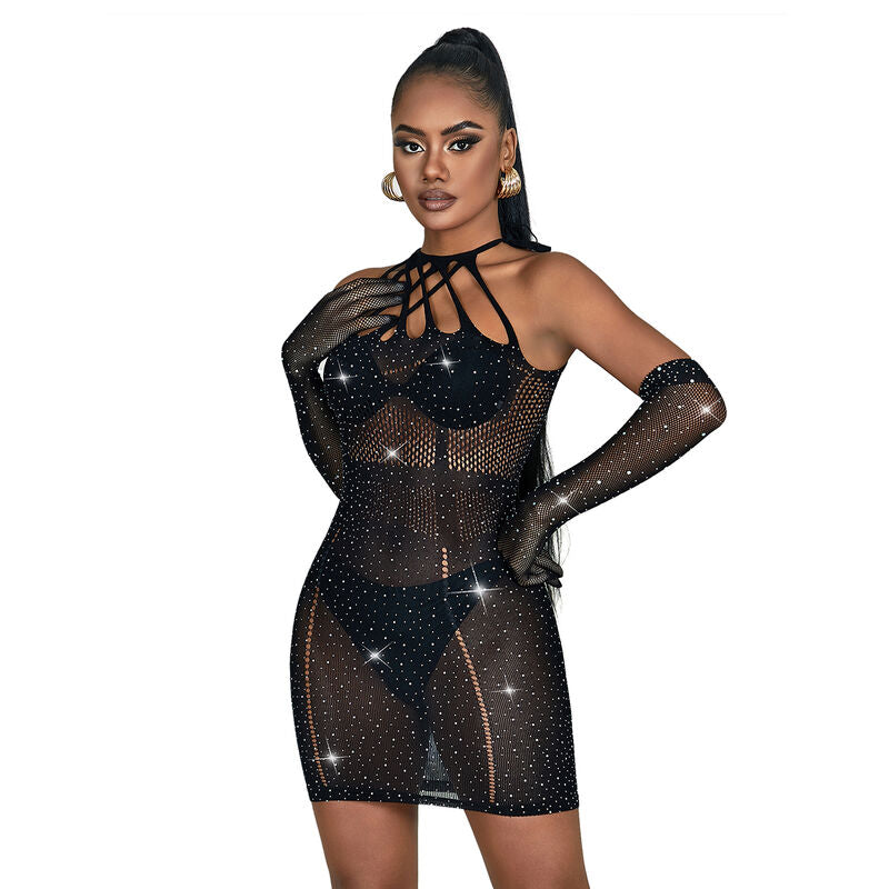 SUBBLIME - 952235 FISHNET DRESS WITH RHINESTONES BLACK ONE SIZE - NOCTURNA DESIRES