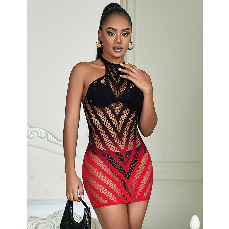 SUBBLIME - 952242 RED AND BLACK DEGRADED ELASTIC FISHNET DRESS ONE SIZE - NOCTURNA DESIRES