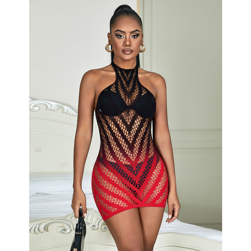 SUBBLIME - 952242 RED AND BLACK DEGRADED ELASTIC FISHNET DRESS ONE SIZE - NOCTURNA DESIRES