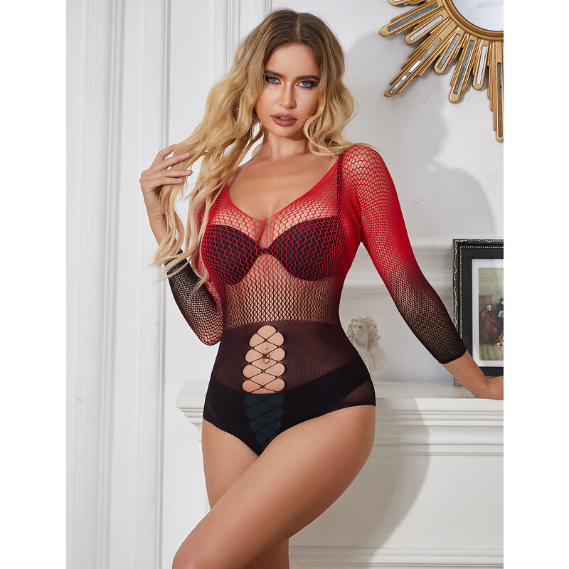 SUBBLIME - 952259 RED AND BLACK GRADIENT LONG SLEEVE ELASTIC FISHNET DRESS ONE SIZE - NOCTURNA DESIRES