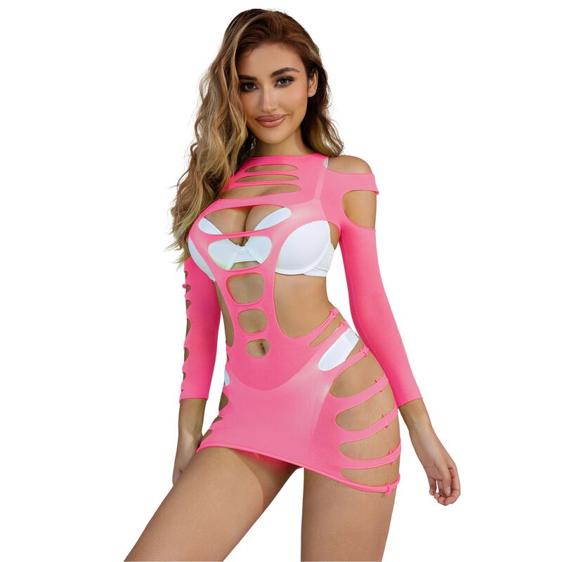 SUBBLIME - 952273 LONG SLEEVE ELASTIC FISHNET DRESS PINK ONE SIZE - NOCTURNA DESIRES