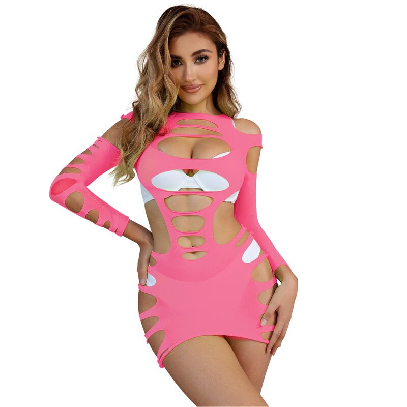 SUBBLIME - 952273 LONG SLEEVE ELASTIC FISHNET DRESS PINK ONE SIZE - NOCTURNA DESIRES
