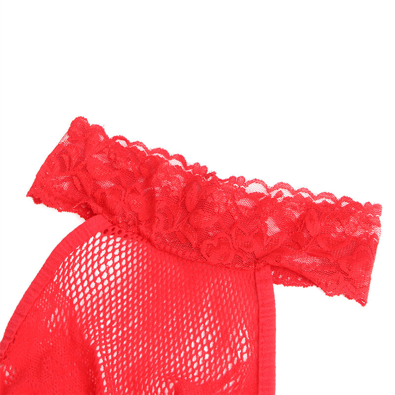 SUBBLIME - 952372 FISHNET AND LACE CROTCHLESS BODYSTOCKING WITH HIGH NECK RED ONE SIZE - NOCTURNA DESIRES
