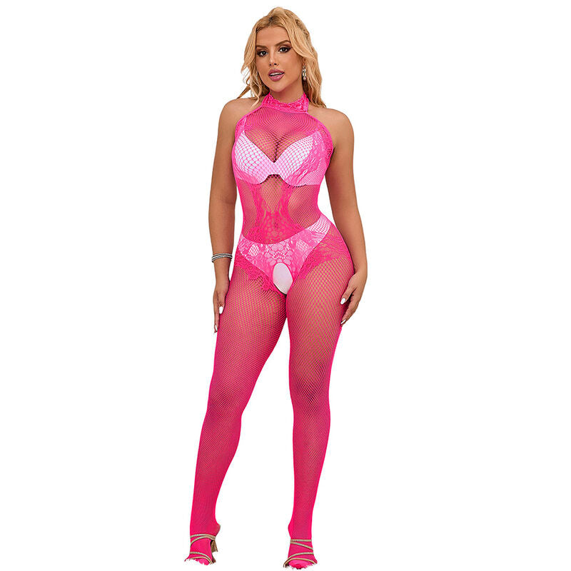 SUBBLIME - 952389 FISHNET AND LACE CROTCHLESS BODYSTOCKING WITH HIGH NECK PINK ONE SIZE - NOCTURNA DESIRES
