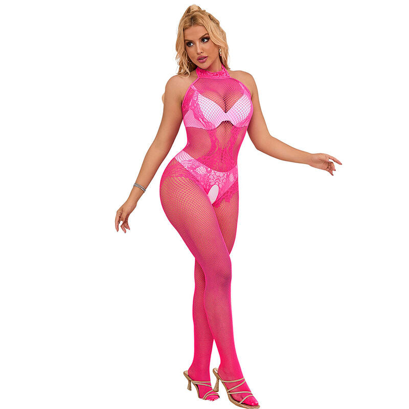 SUBBLIME - 952389 FISHNET AND LACE CROTCHLESS BODYSTOCKING WITH HIGH NECK PINK ONE SIZE - NOCTURNA DESIRES