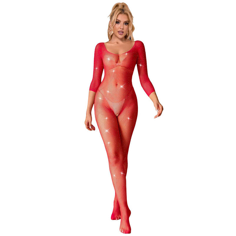 SUBBLIME - 952419 FISHNET BODYSTOCKING WITH DIAMONDS LONG SLEEVE RED XS/M - NOCTURNA DESIRES