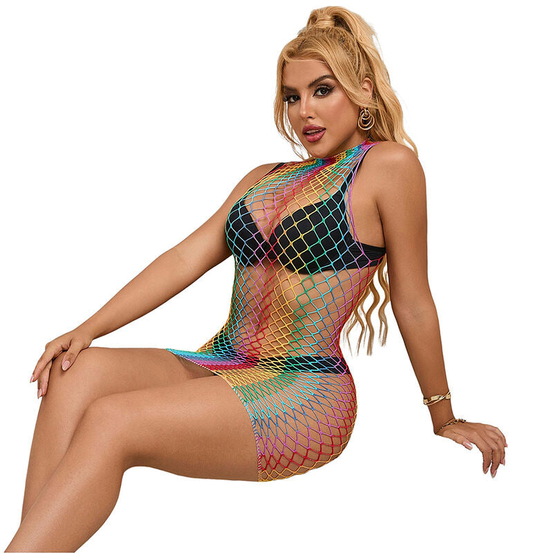 SUBBLIME - 952433 RAINBOW HIGH NECK SLEEVELESS FISHNET DRESS ONE SIZE - NOCTURNA DESIRES