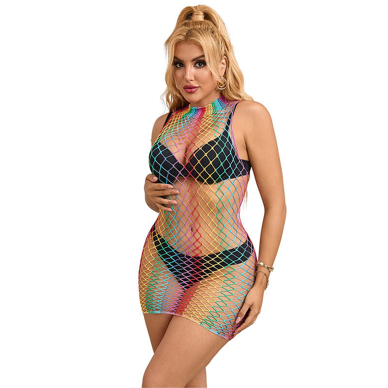 SUBBLIME - 952433 RAINBOW HIGH NECK SLEEVELESS FISHNET DRESS ONE SIZE - NOCTURNA DESIRES