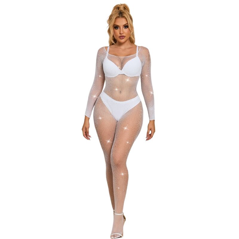 SUBBLIME - 952396 FISHNET BODYSTOCKING WITH DIAMONDS LONG SLEEVE WHITE ONE SIZE - NOCTURNA DESIRES