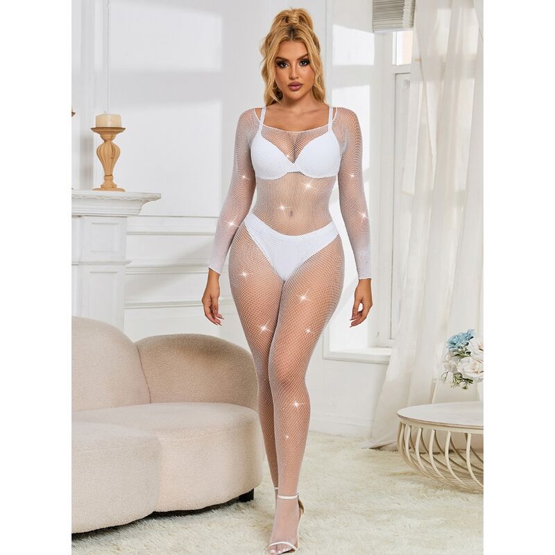 SUBBLIME - 952396 FISHNET BODYSTOCKING WITH DIAMONDS LONG SLEEVE WHITE ONE SIZE - NOCTURNA DESIRES