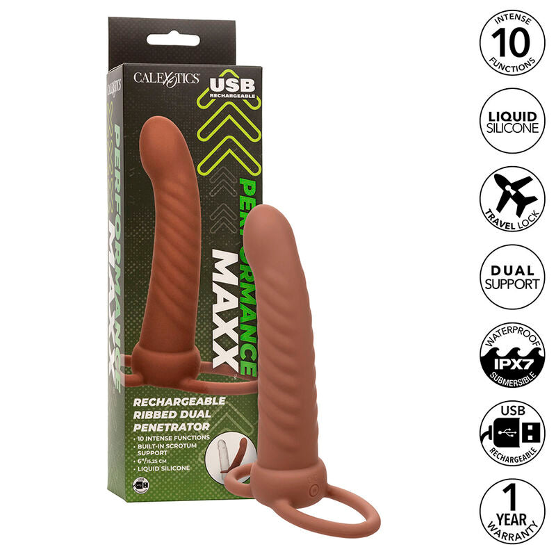 CALEXOTICS - MAXX RIBBED DUAL PENETRATOR 10 VIBRATIONS BROWN - NOCTURNA DESIRES