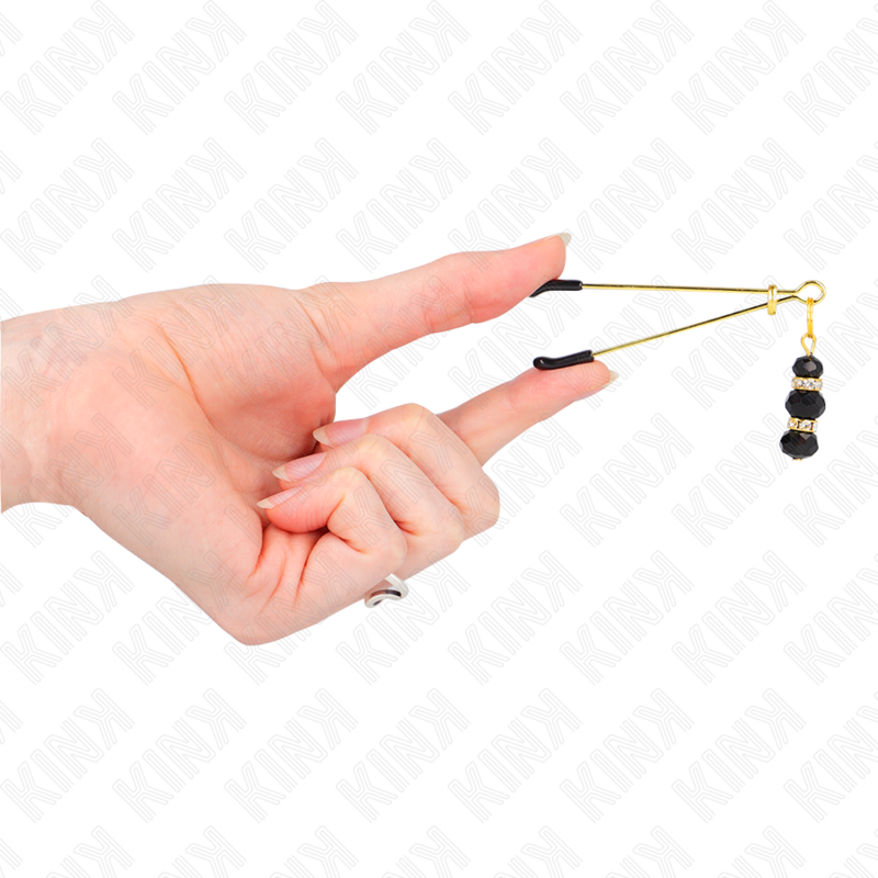 KINK - GOLD THIN NIPPLE CLAMPS WITH 3 BLACK GLASS BEADS 7 CM - NOCTURNA DESIRES