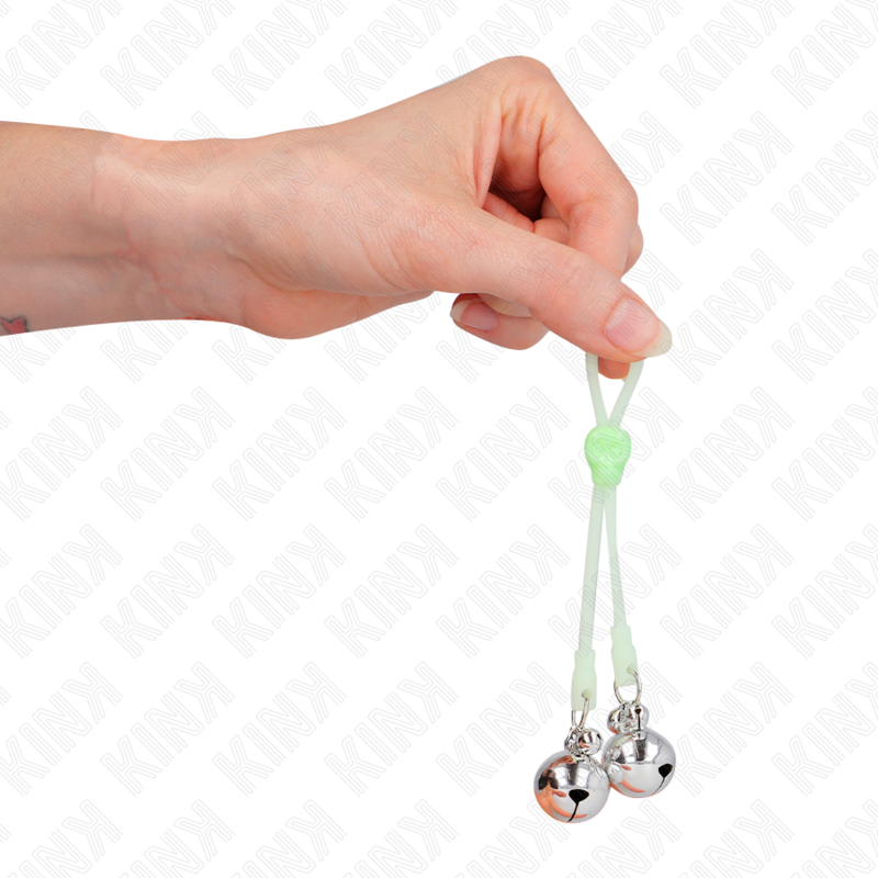 KINK - LUMINOUS SKULL NIPPLE CLAMPS WITH RING BELLS ADJUSTABLE GREEN / SILVER - NOCTURNA DESIRES
