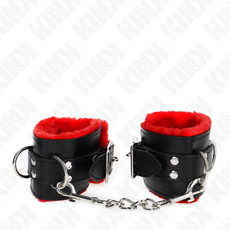KINK - FUR LINED WRIST RESTRAINTS WITH SQUARE HOLES RED AND BLACK BELT ADJUSTABLE 17-29 CM X 6 CM - NOCTURNA DESIRES